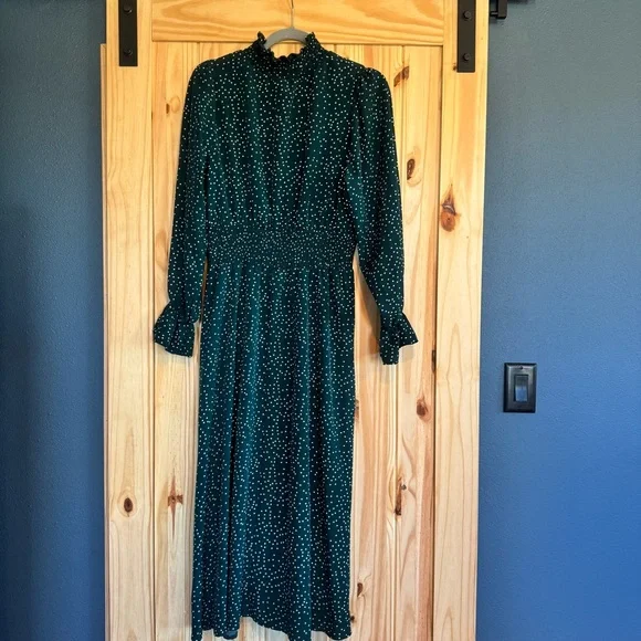 Green & White Long Sleeve High Neck Polka Dot Dress Size Large - Picture 9 of 12